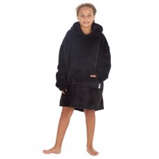 18C869: Kids Plush Oversized Heavy Knit Hoodie- Black (One Size - 7-13 Years)